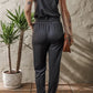 Black Casual Tank Style Tie Waist Pocketed Jogger Jumpsuit