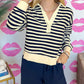 Stripe Collared V Neck Long Sleeve Casual Top
