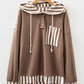 Waffle Texture Striped Patchwork Button Neck Drawstring Hoodie