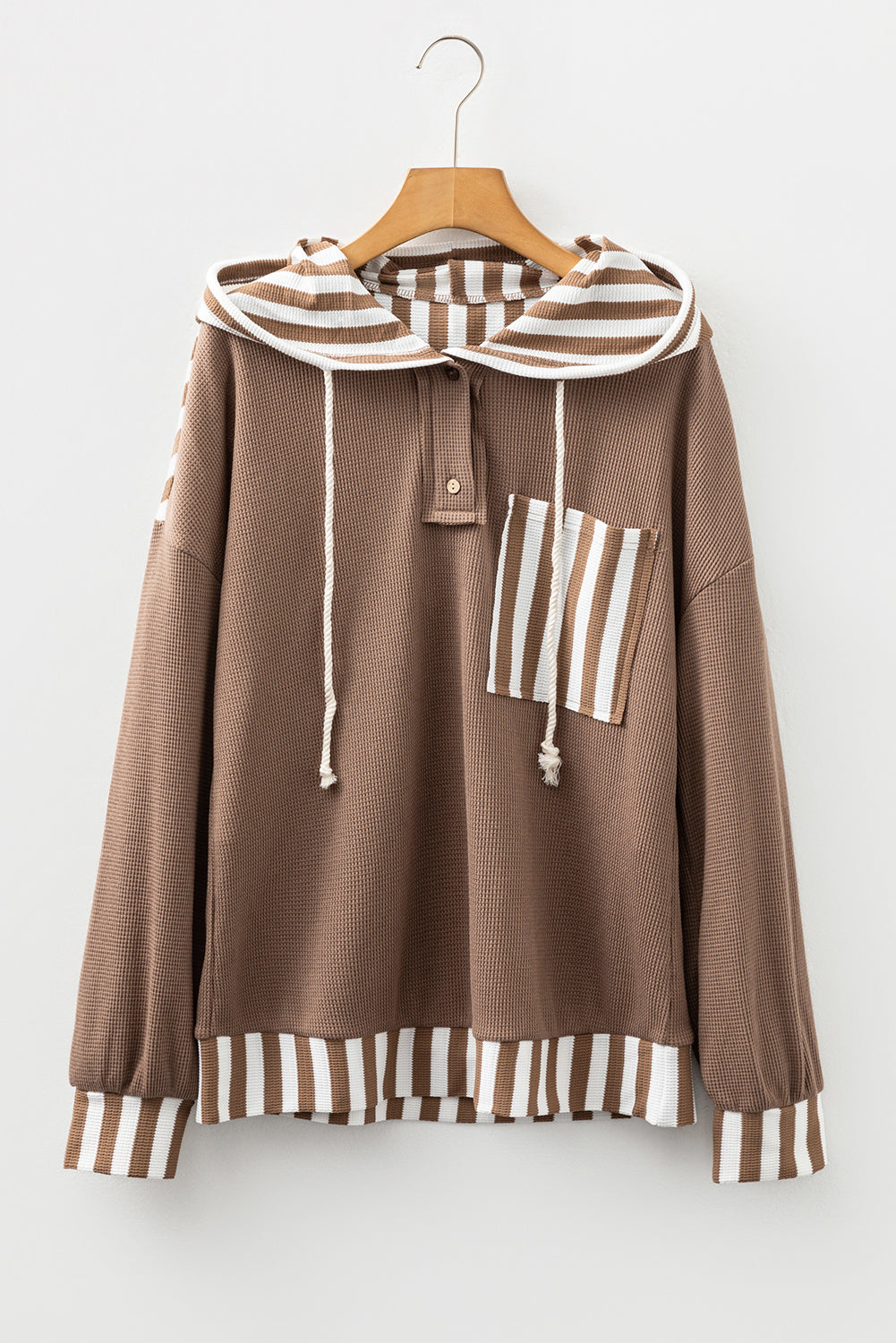 Waffle Texture Striped Patchwork Button Neck Drawstring Hoodie