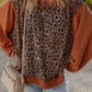 Leopard Floral Print Ribbed Puff Sleeve Patchwork Loose Pullover