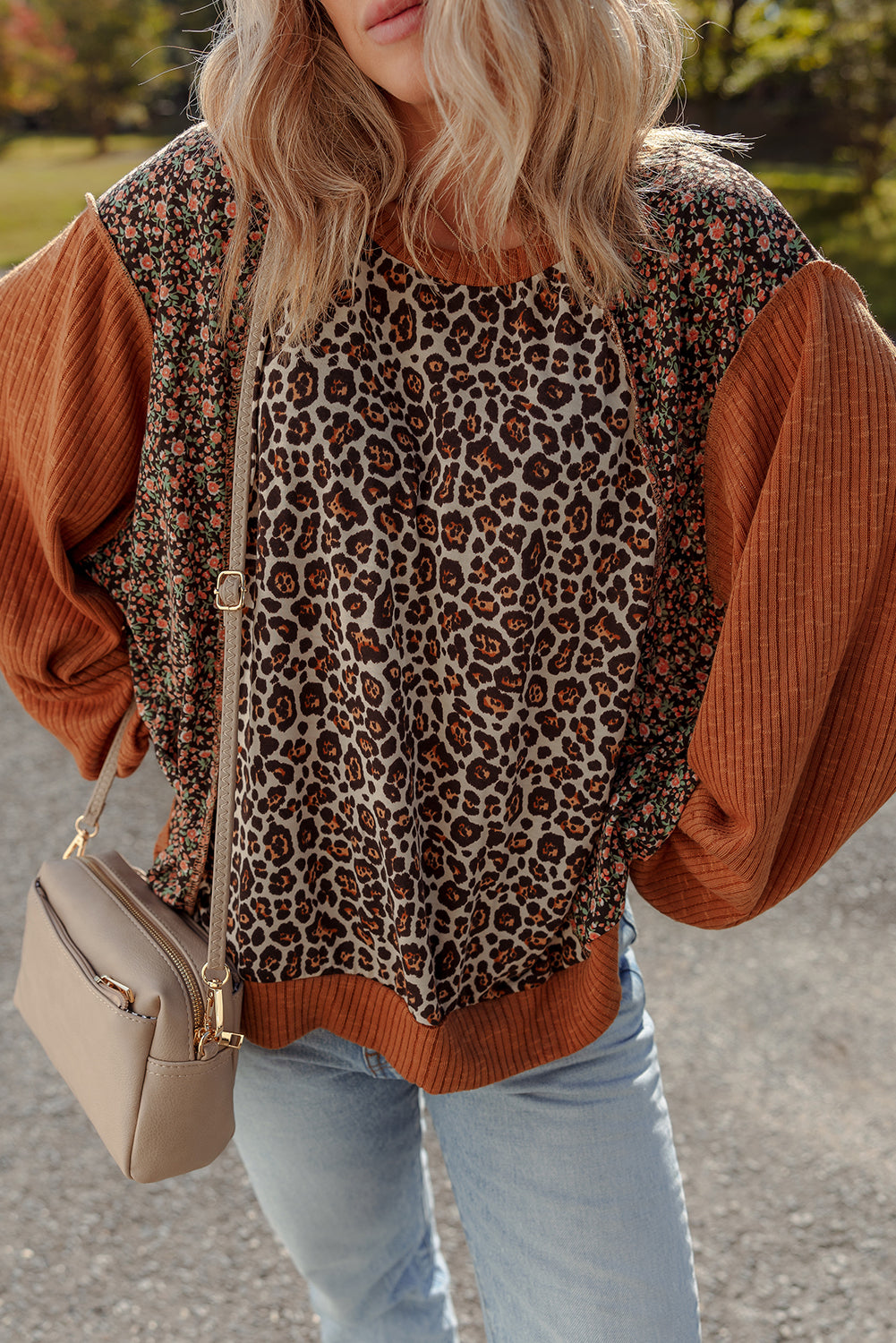 Leopard Floral Print Ribbed Puff Sleeve Patchwork Loose Pullover