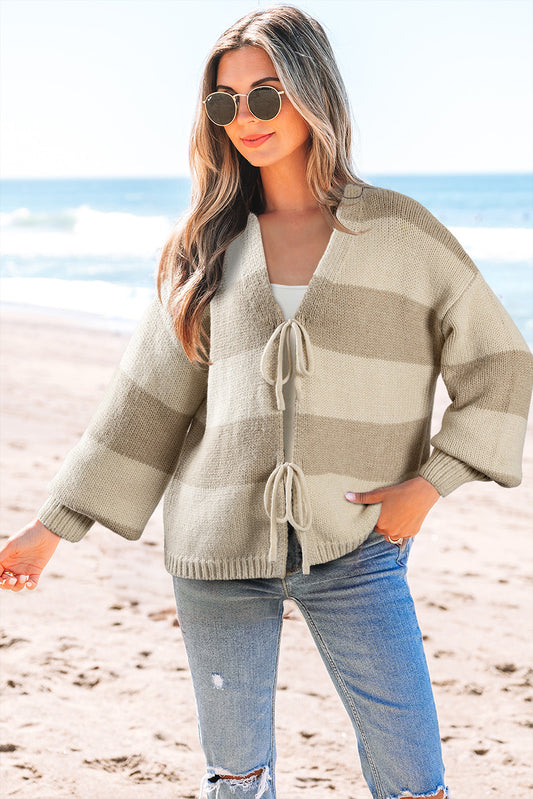 Striped Color Block Brushed Knit Bow Tie Front Sweater Cardigan