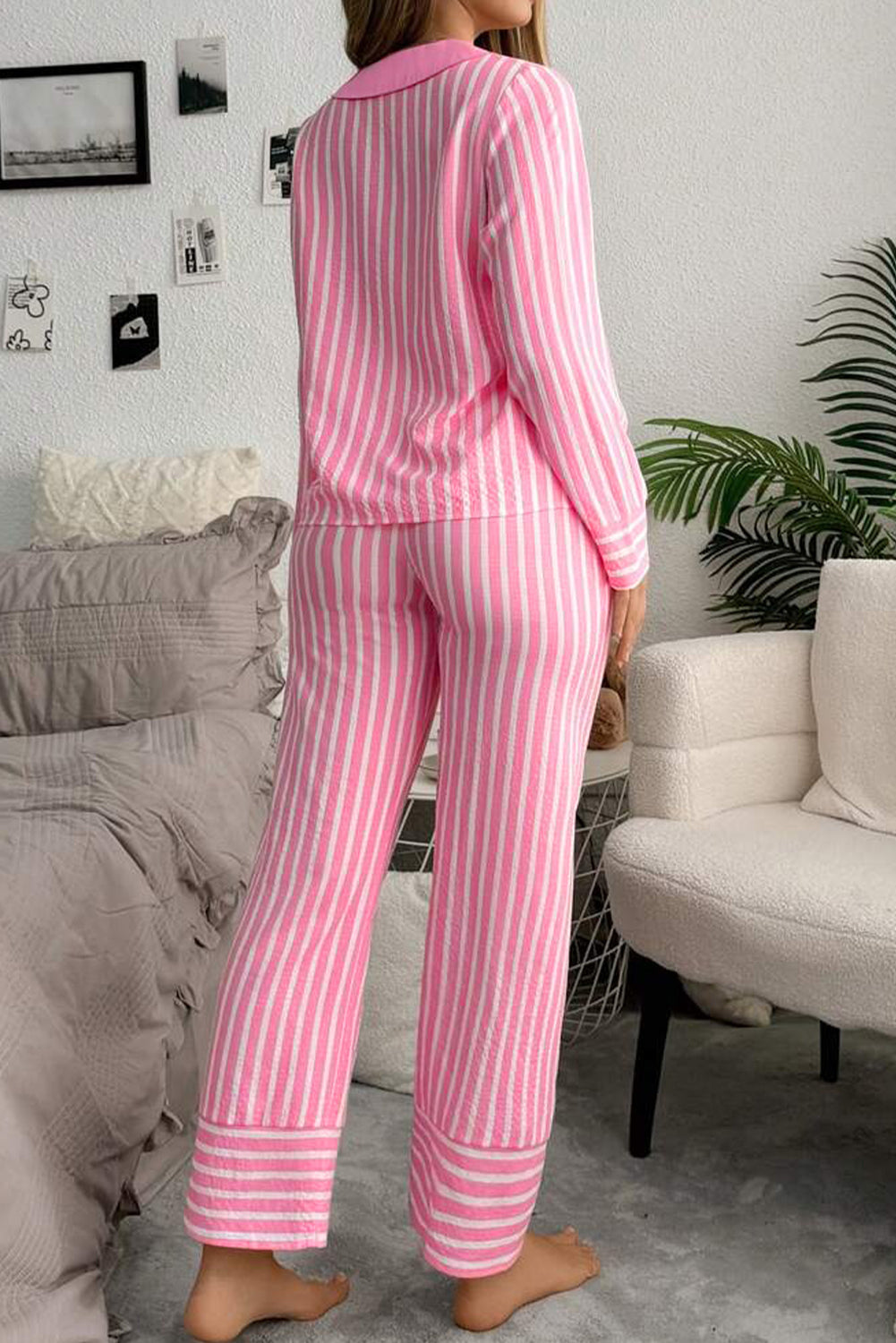 Buttoned Front Long Sleeve Top and Pants 2 Piece Sleepwear