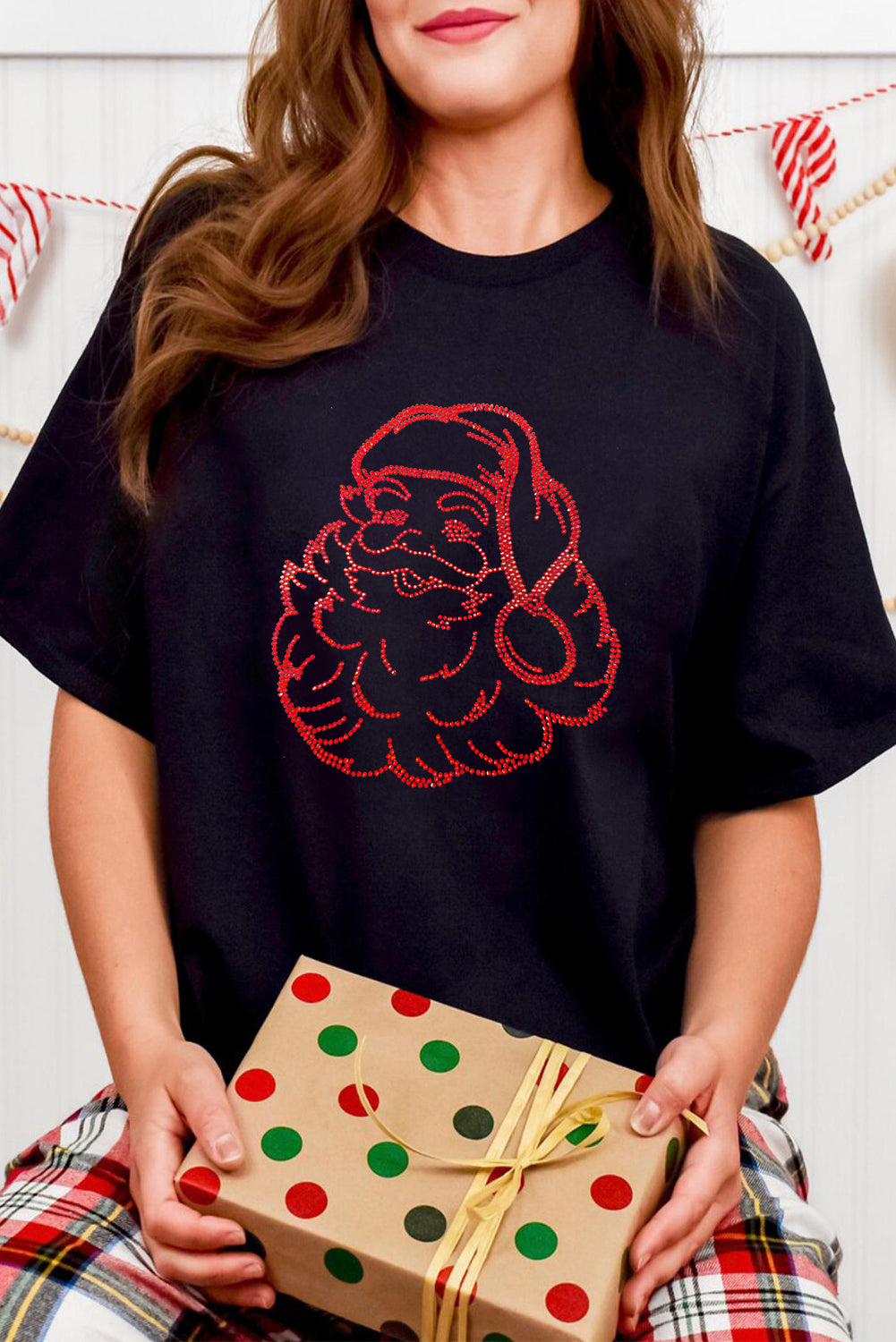 Rhinestone Santa Claus Christmas Graphic T Shirt