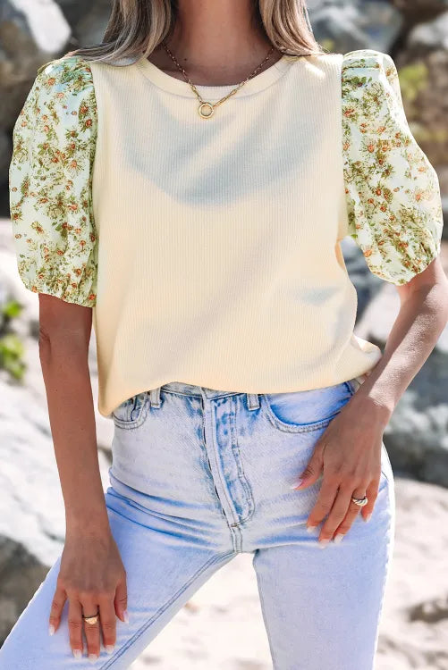 Beige Contrast Floral Bubble Sleeve Patchwork Ribbed Top