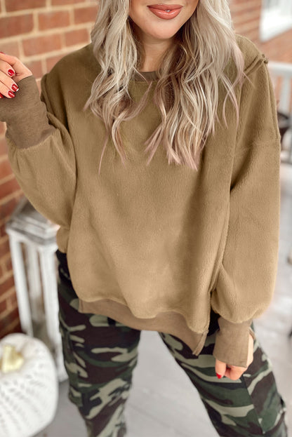 Fuzzy Sherpa Splicing Pullover Sweatshirt with Side Slit