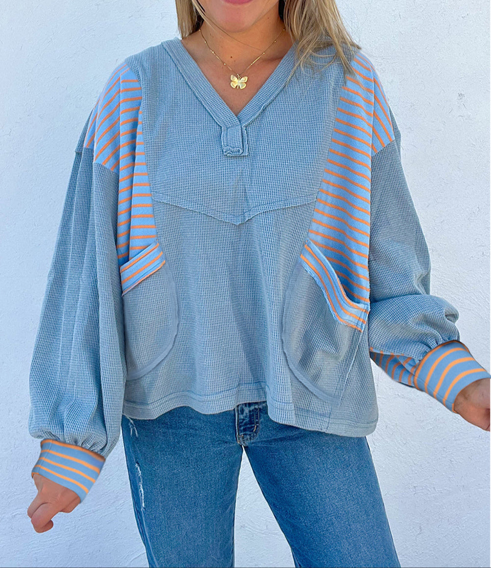 Waffle Striped Patchwork Baggy Pullover