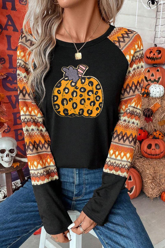 Leopard Pumpkin Patched Contrast Long Sleeve Top