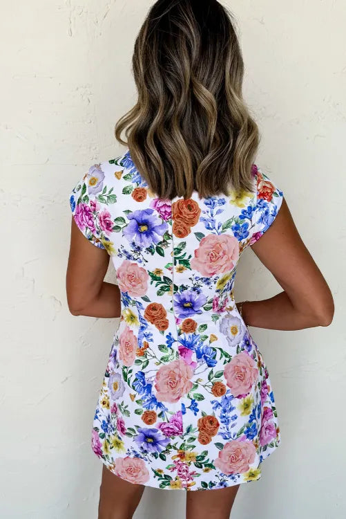 Sky Blue Vibrant Floral Print Cap Sleeve Mini Dress