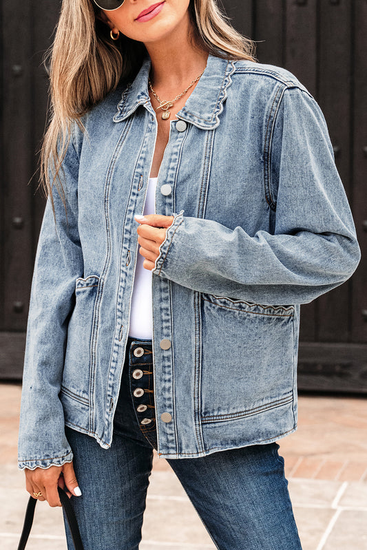 Scallop Trim Collar Patched Pocket Button Up Denim Jacket
