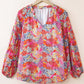 White Floral Print V Neck Long Puff Sleeve Top