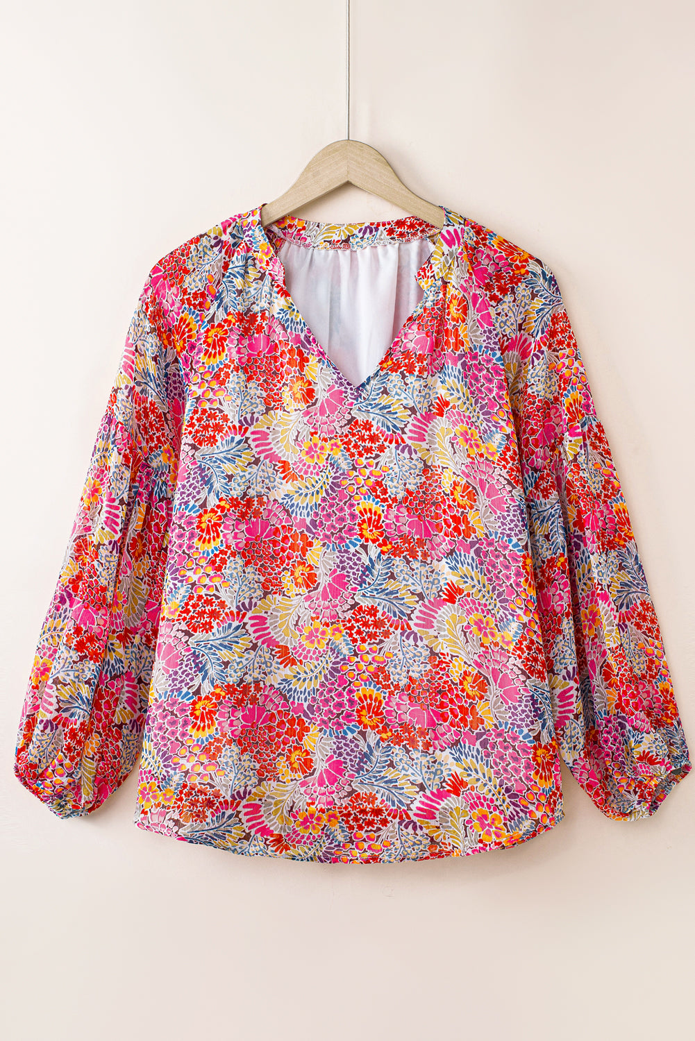 White Floral Print V Neck Long Puff Sleeve Top