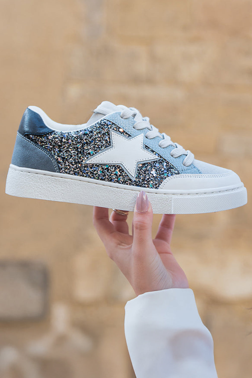 Star Patchwork Sequined Lace-up Sneakers