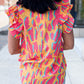 Abstract V Neck Ruffled Sleeve Blouse