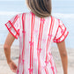 Ric-rac Trim Ruffled Sleeve V Neck Bow Striped Printed Blouse