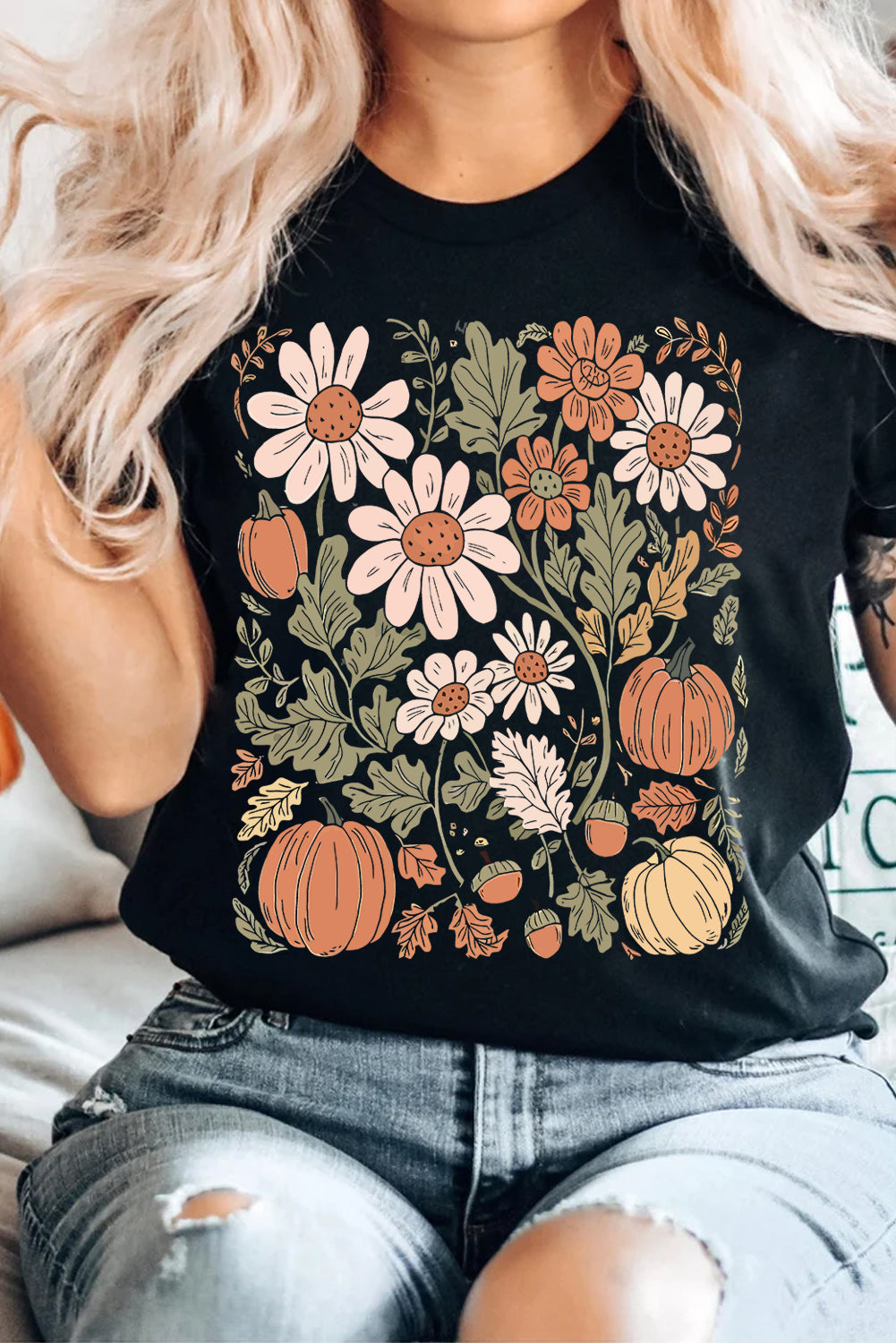 Wild Flower Pumpkin Print T Shirt