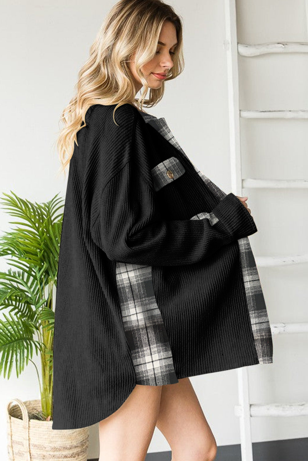 Plaid Waffle Knit Shacket