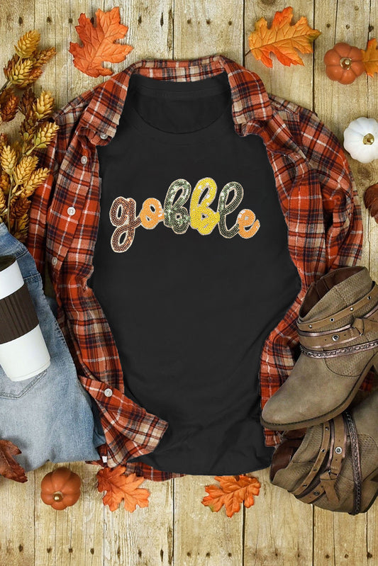 Gobble Sequin Letter Graphic Thanksgiving T Shirt