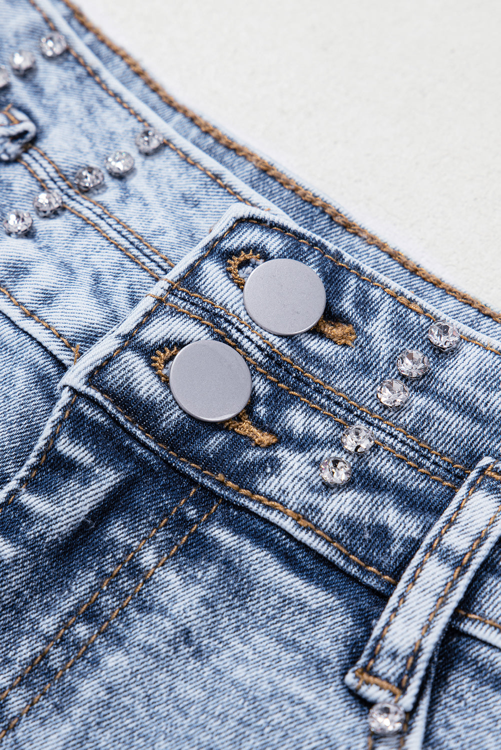 Rhinestone Light Wash Raw Hem High Waist Denim Shorts