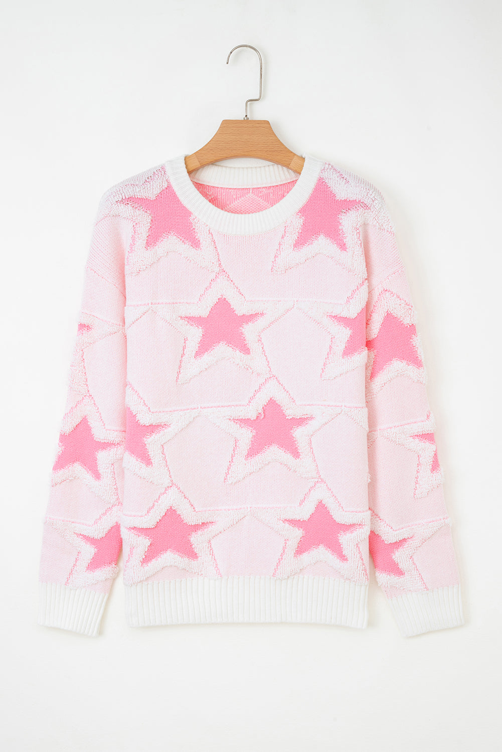Oversized Cute Star Pattern Ribbed Edge Drop Shoulder Sweater