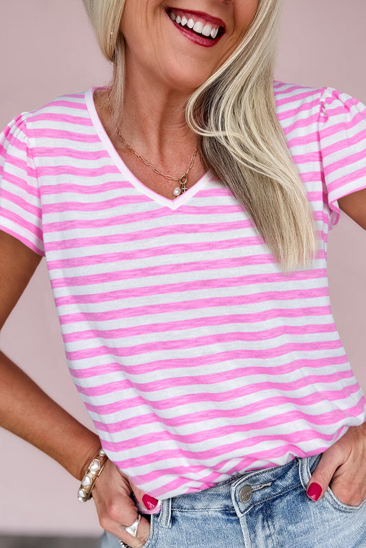 Striped V Neck Ruffle Short Sleeve Top