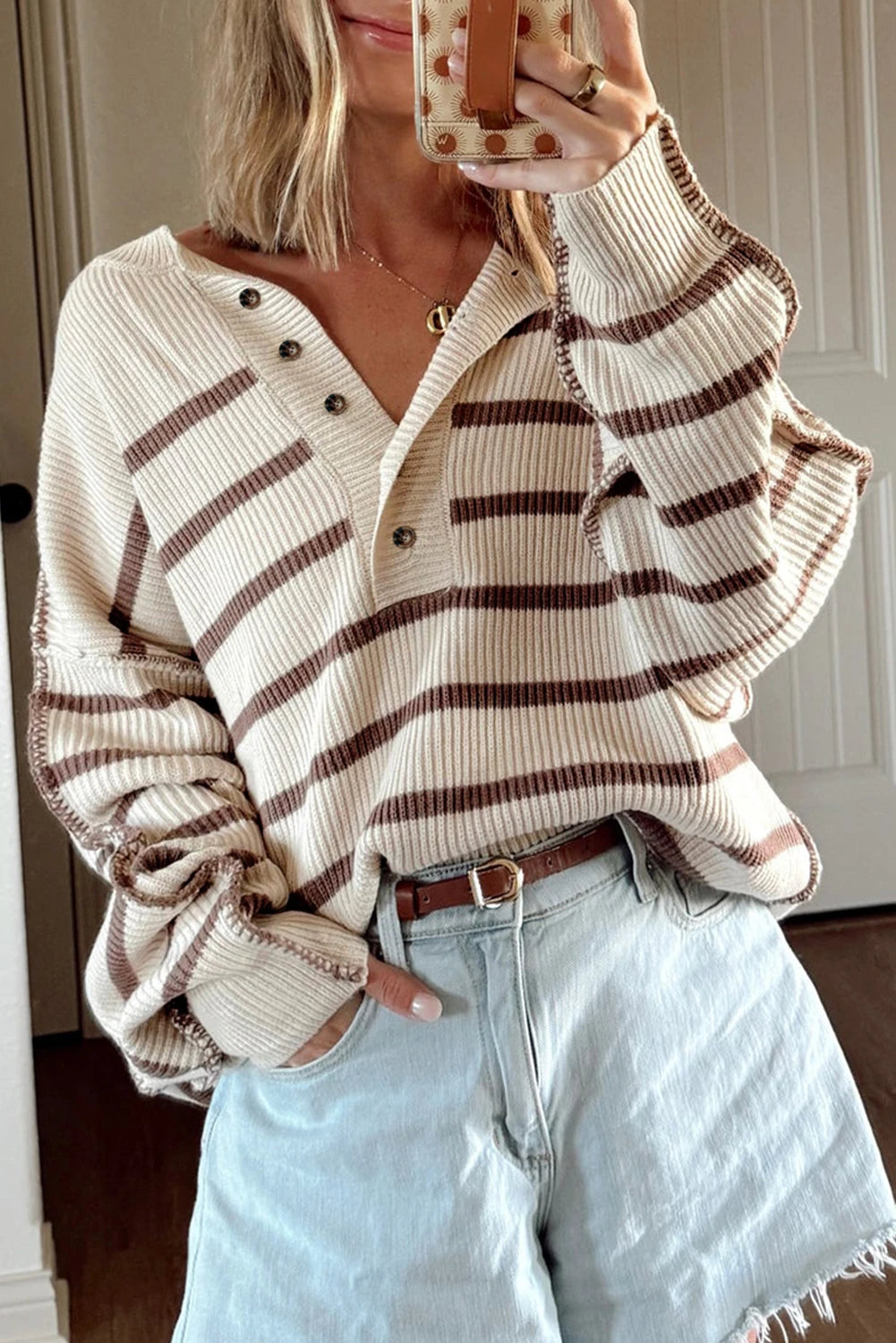 Henley Drop Shoulder Slouchy Sweater