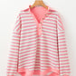 Stripe Buttoned V Neck Collared Top