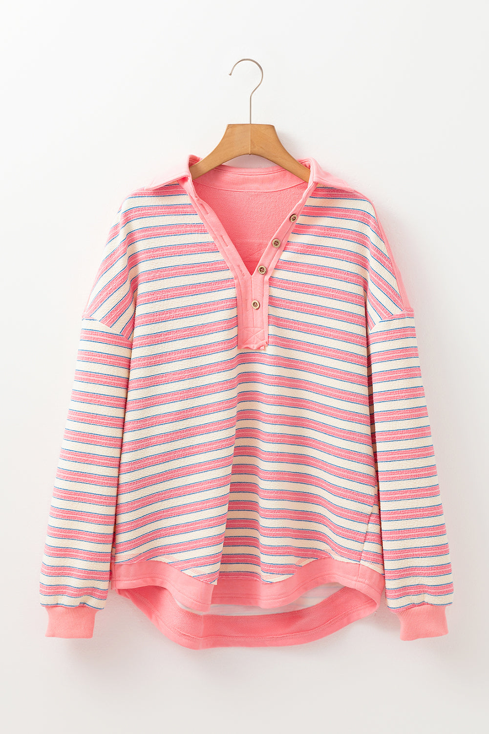 Stripe Buttoned V Neck Collared Top