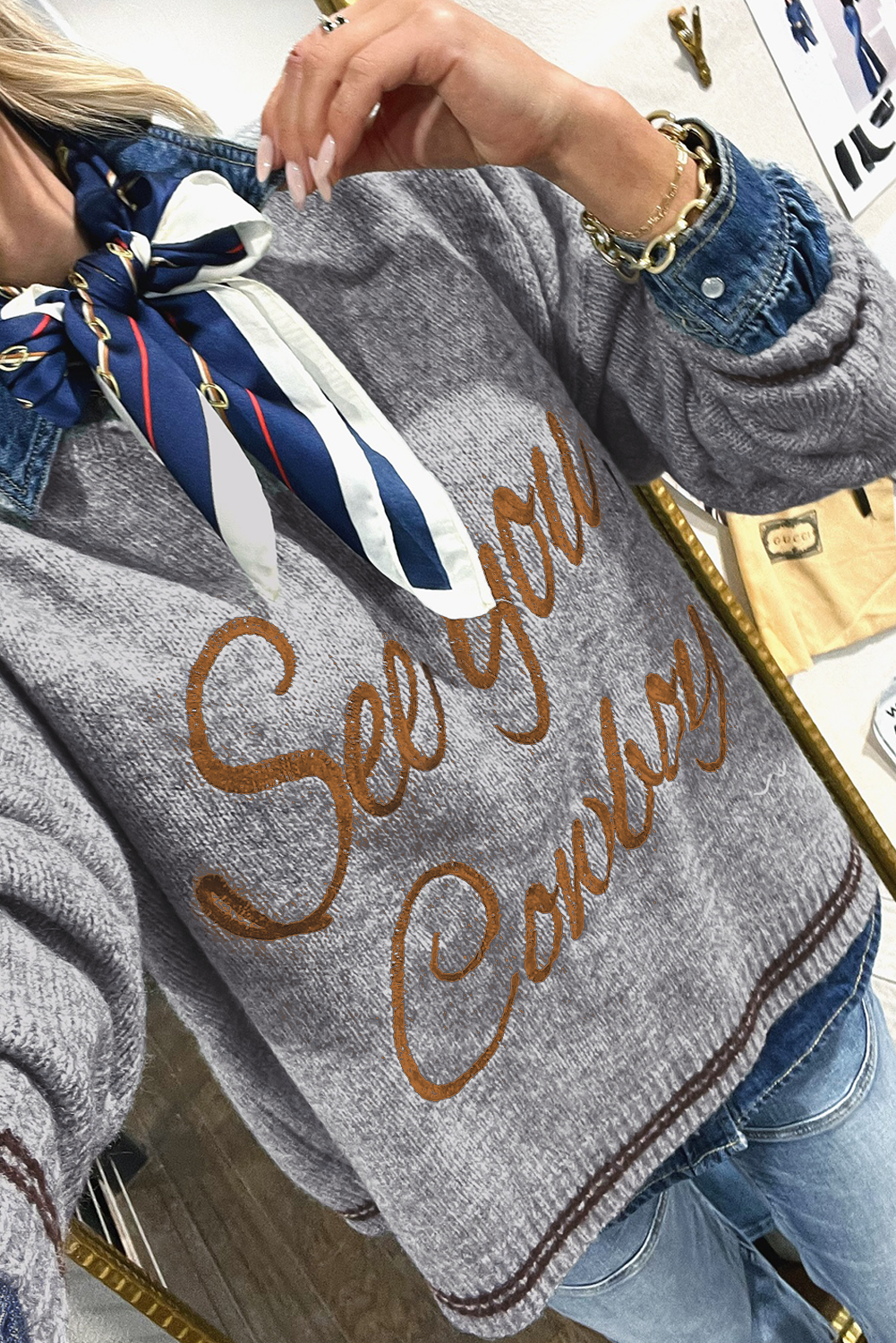 See You Cowboy Embroidered Western Graphic Sweater