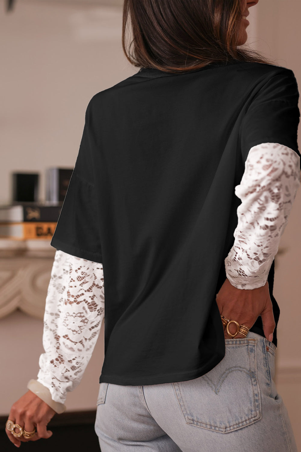 Lace Long Sleeve Insert Drop Shoulder Tee