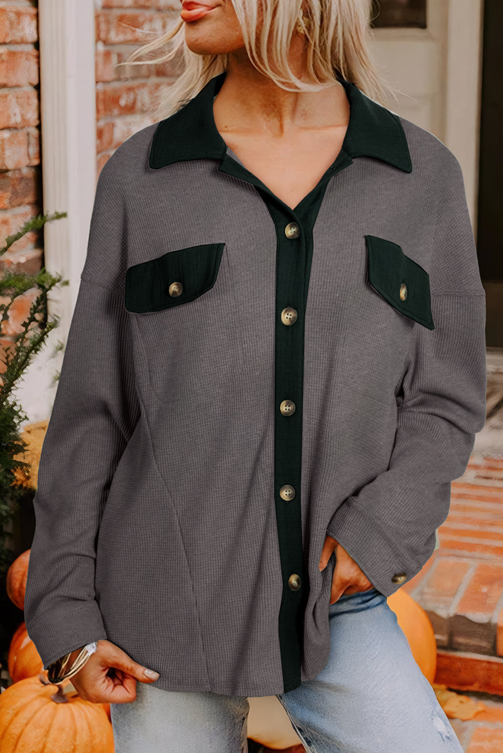 Waffle Knit Vintage Patchwork Button Up Loose Shirt