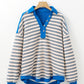 Stripe Buttoned V Neck Collared Top