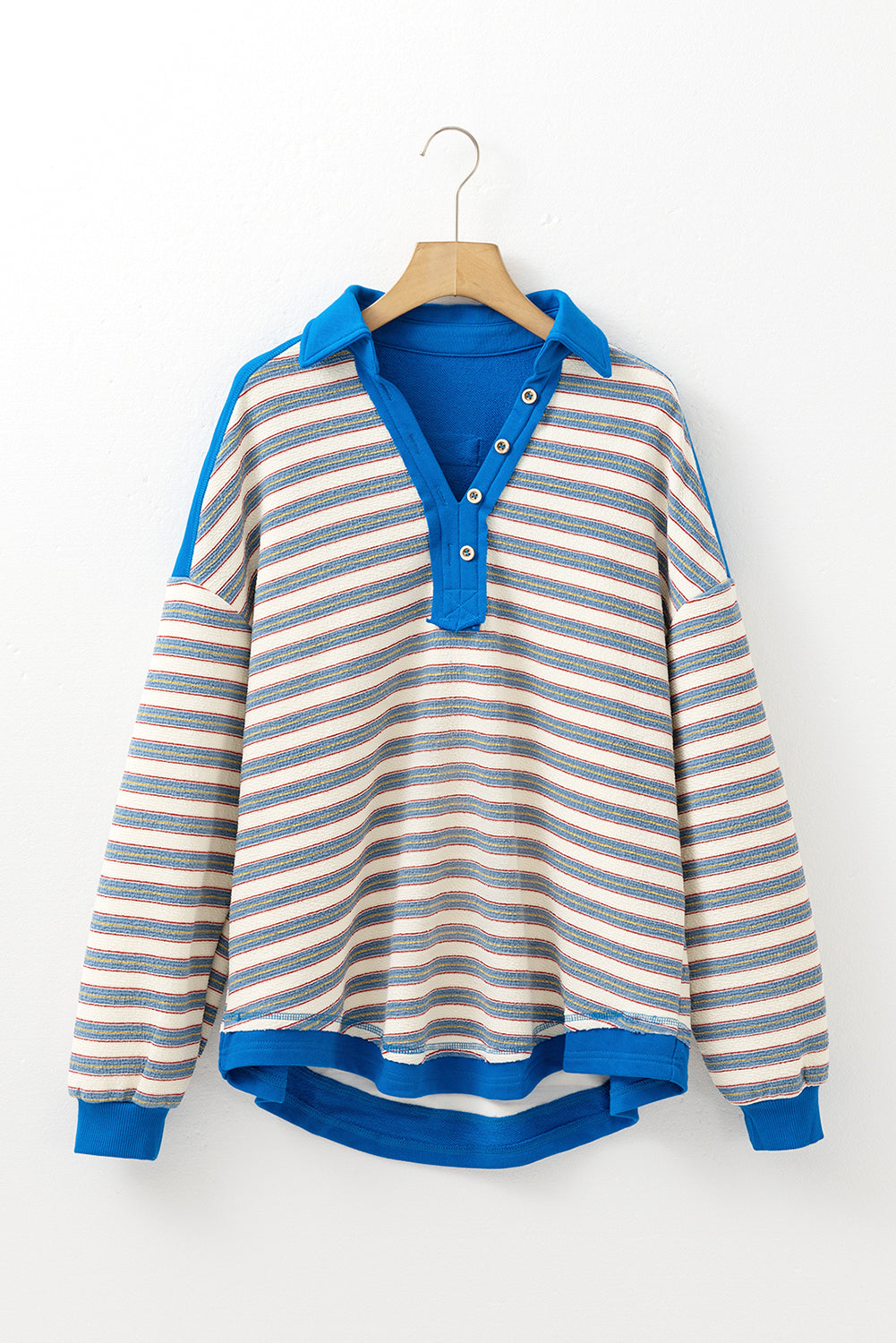 Stripe Buttoned V Neck Collared Top