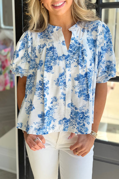 Floral Tiered Puff Short Sleeve Pleated Bust Buttoned Casual Shirt