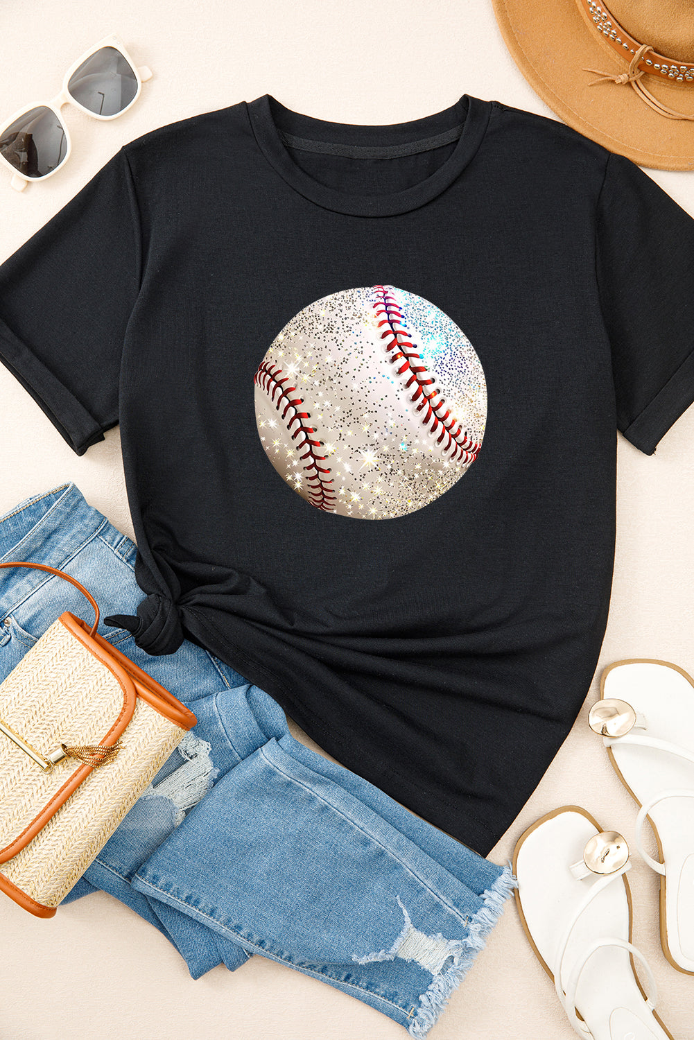Heat Transfer Baseball Print Cotton Blend T Shirt