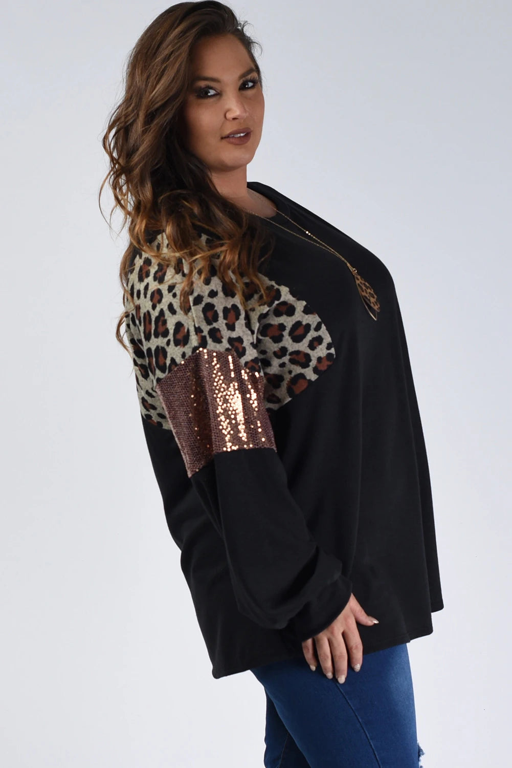 Plus Size Leopard Sequin Patchwork Top