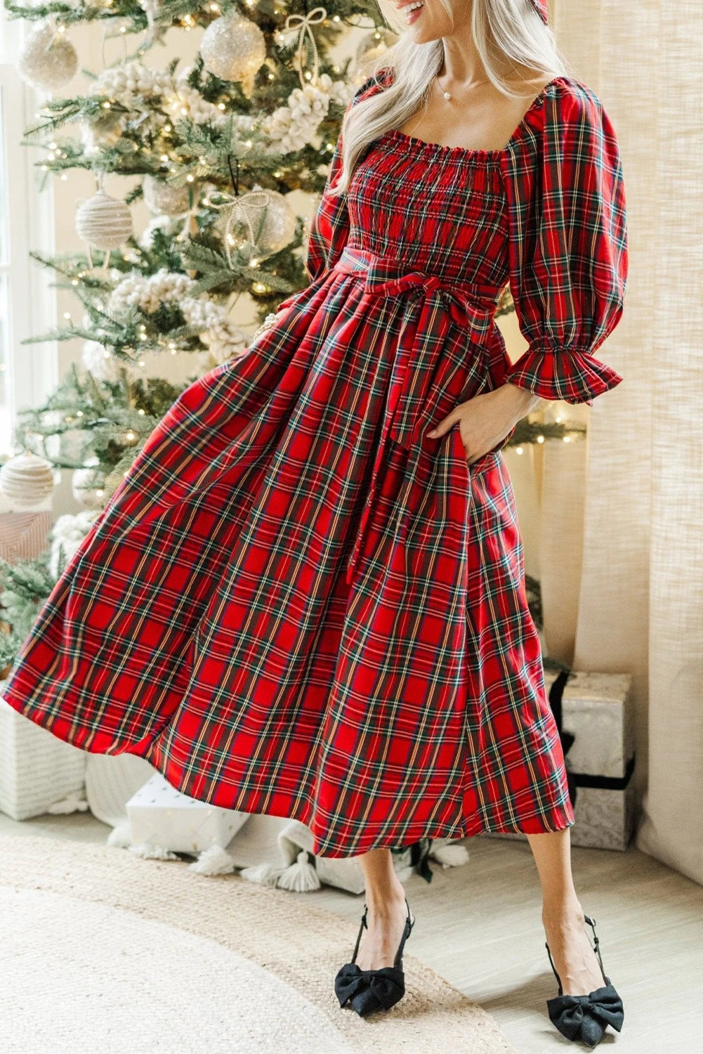 Square Neck Puff Sleeve Knot Waist Flared Midi Dress