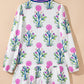 Floral Print Contrast Striped Trim Notched Neck Long Sleeve Dress
