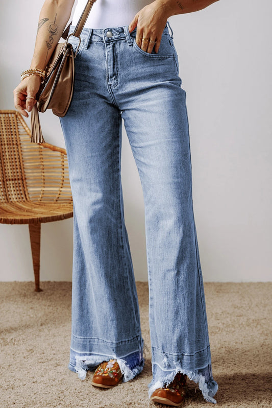 Wash Raw Hem High Waist Flared Jeans