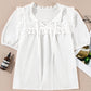 Embroidered Lace Patchwork Tie Neck Puff Short Sleeve Blouse