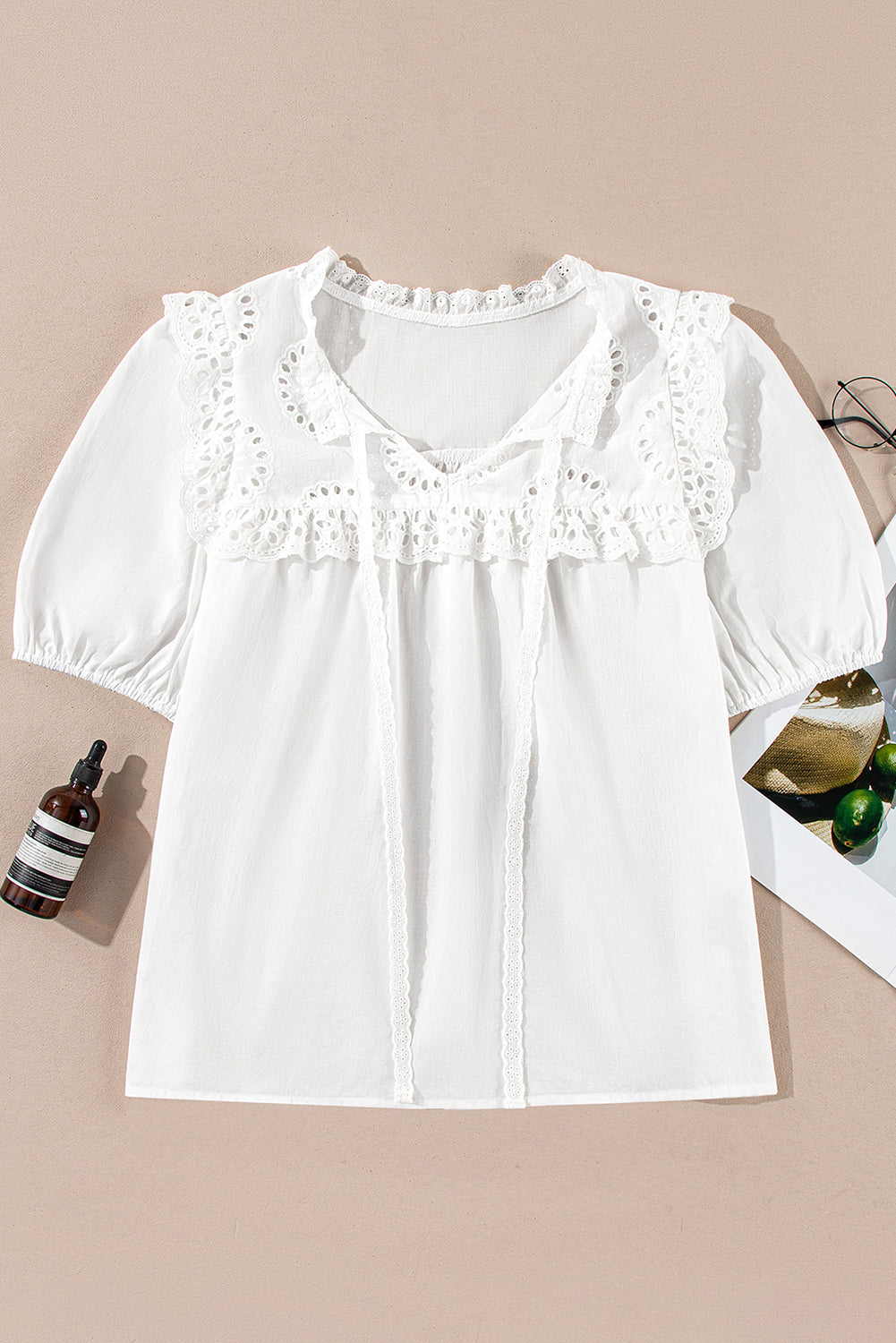 Embroidered Lace Patchwork Tie Neck Puff Short Sleeve Blouse