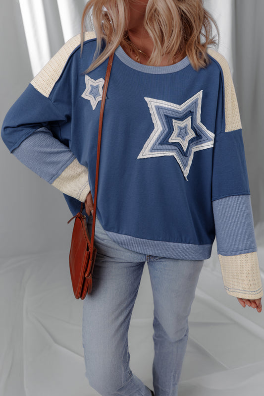 Contrast Knitted Colorblock Star Patchwork Oversize Long Sleeve Top