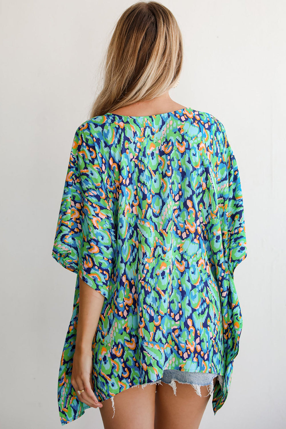 Abstract Print V Neck Half Sleeve Loose Fit Tunic Blouse