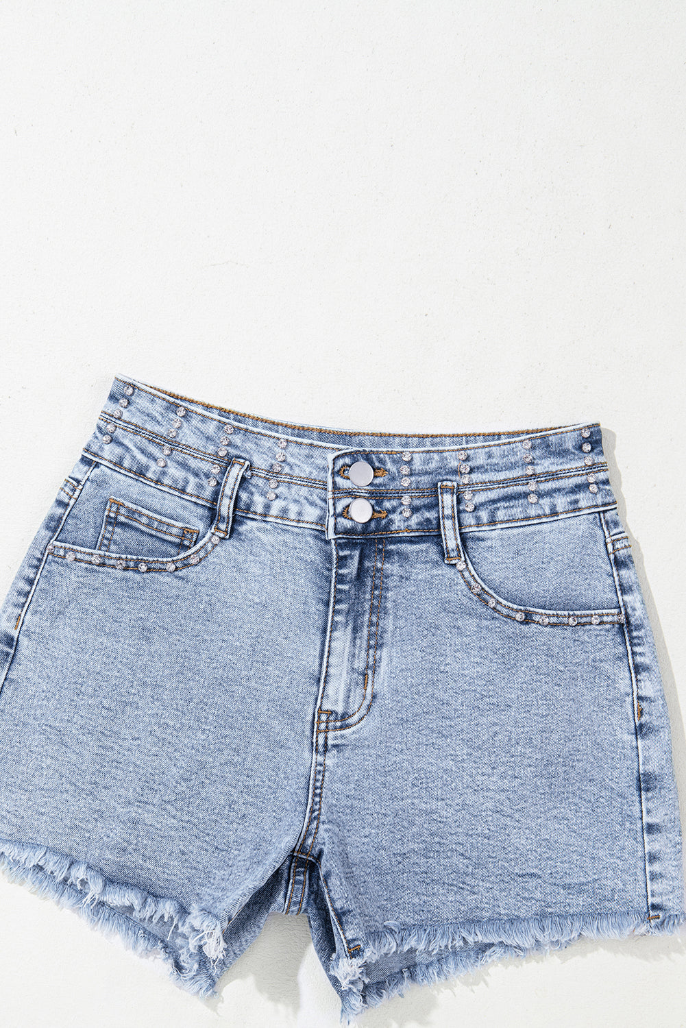Rhinestone Light Wash Raw Hem High Waist Denim Shorts