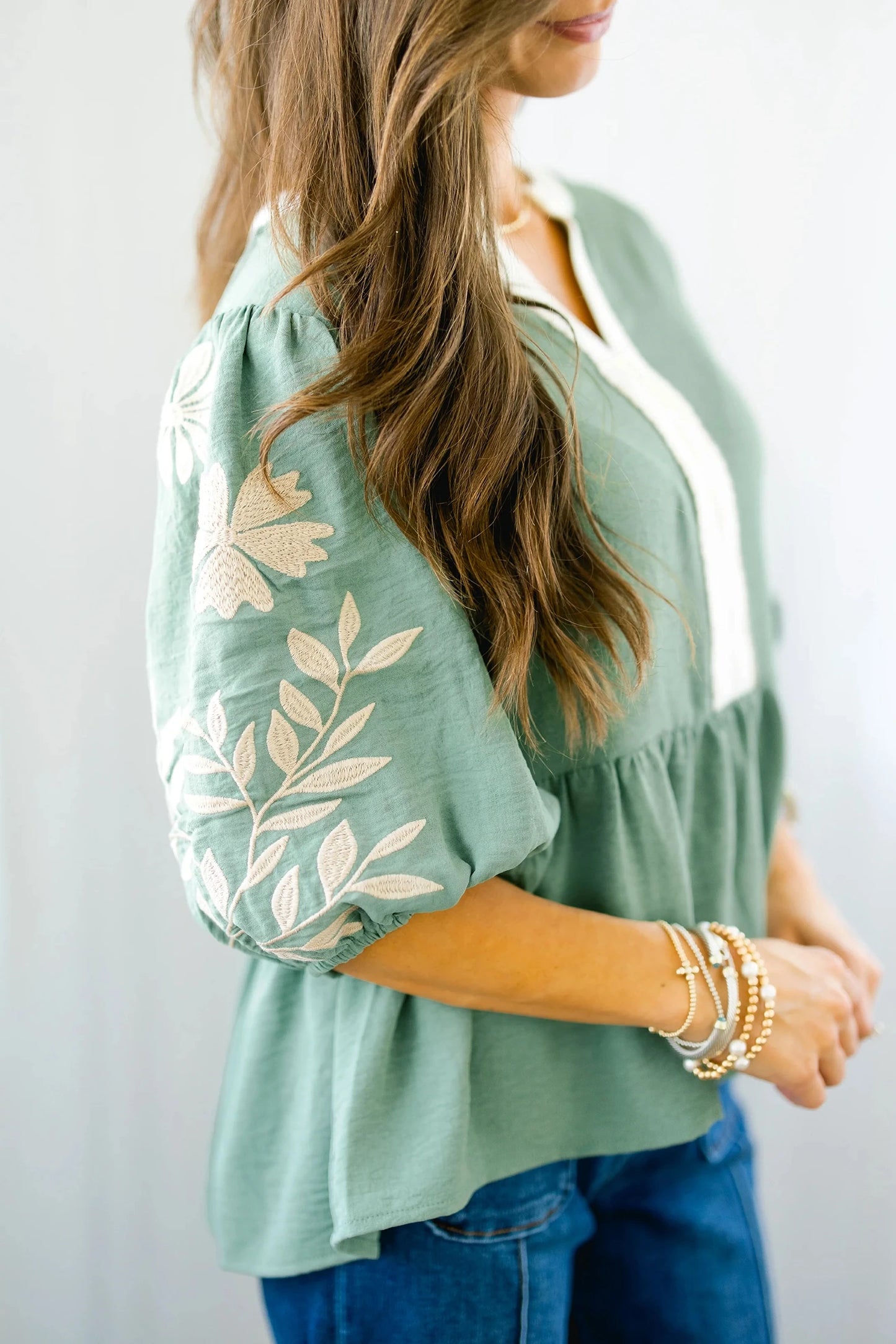 V Neck Embroidered Puff Sleeve Babydoll Blouse