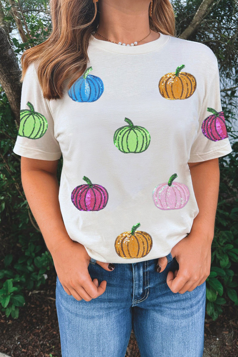 Sequin Bow Pumpkin Patched Cotton Blend T Shirt