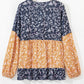 Floral Color Block Patchwork Ruffled Hem Round Neck Blouse
