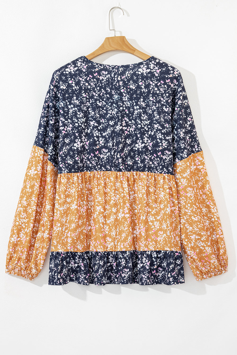 Floral Color Block Patchwork Ruffled Hem Round Neck Blouse
