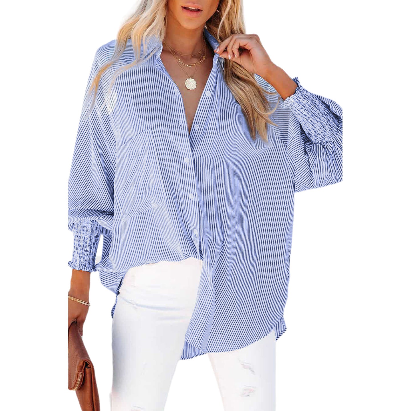 Smocked Cuffed Striped Shirt with Pocket